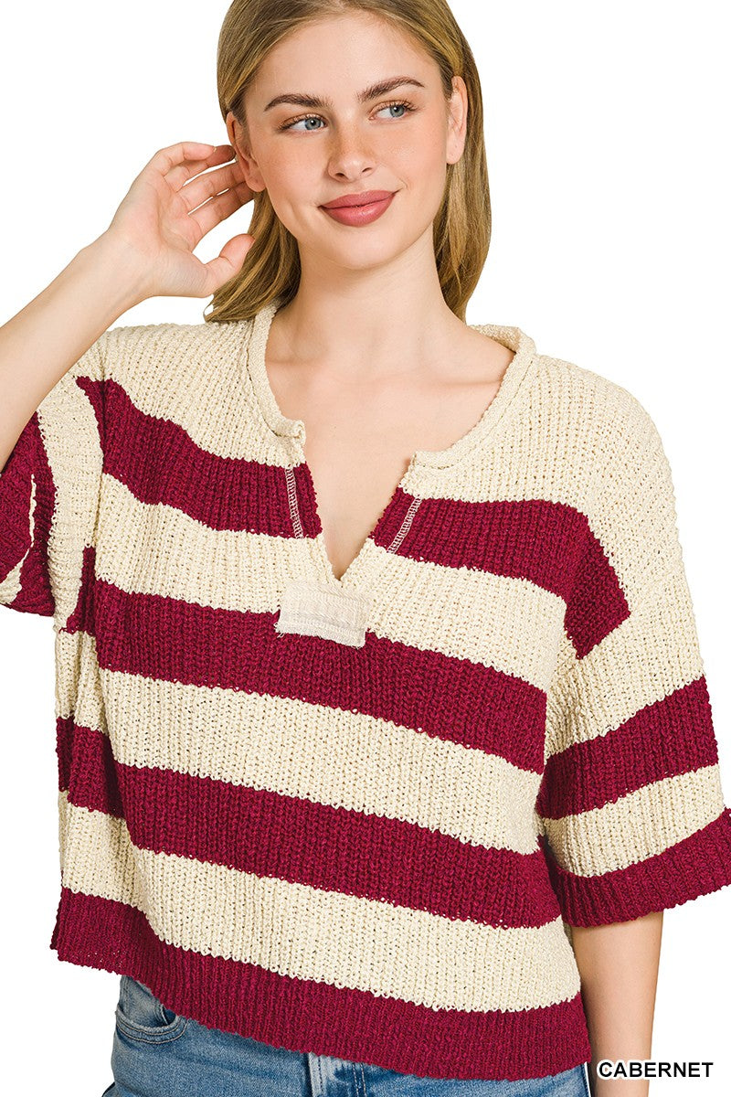 Striped ribbed knit split-neck pullover sweater