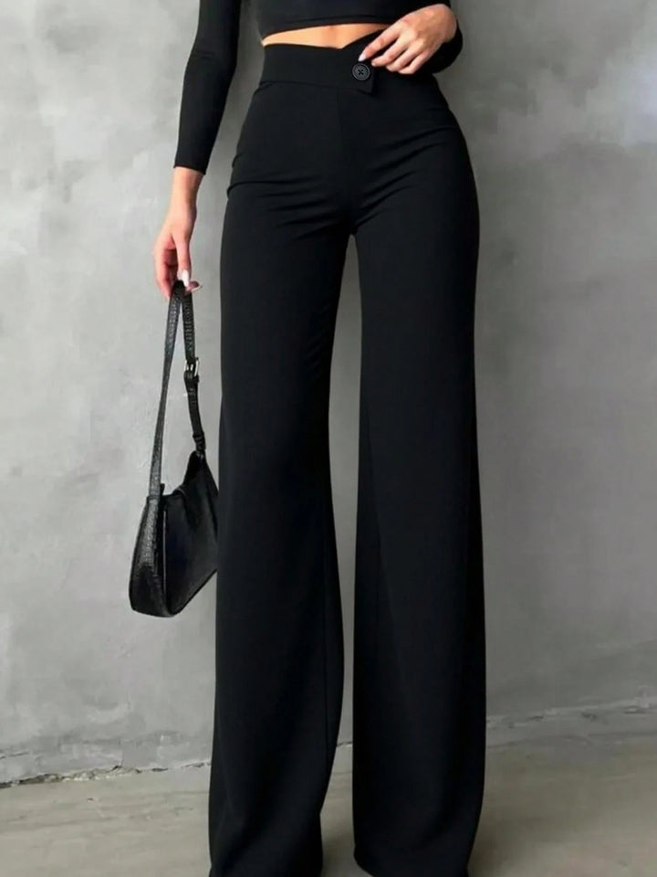 High-rise wide leg pants with crossover button waistband