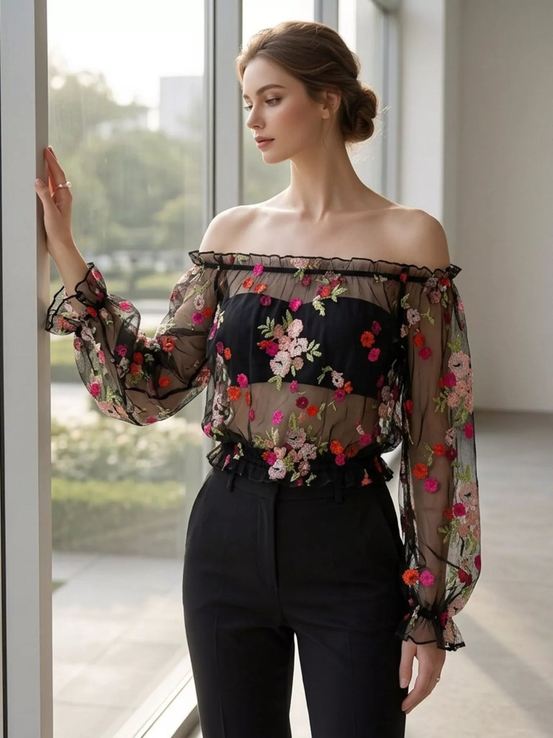Black Floral embroidered off-shoulder mesh crop top with puff sleeves