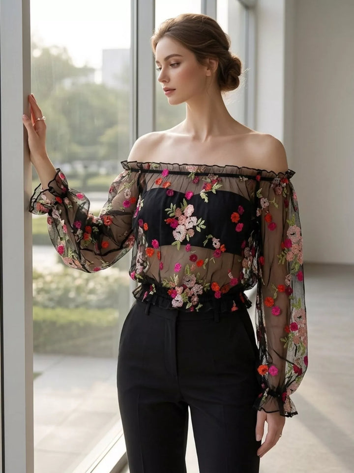 Black Floral embroidered off-shoulder mesh crop top with puff sleeves