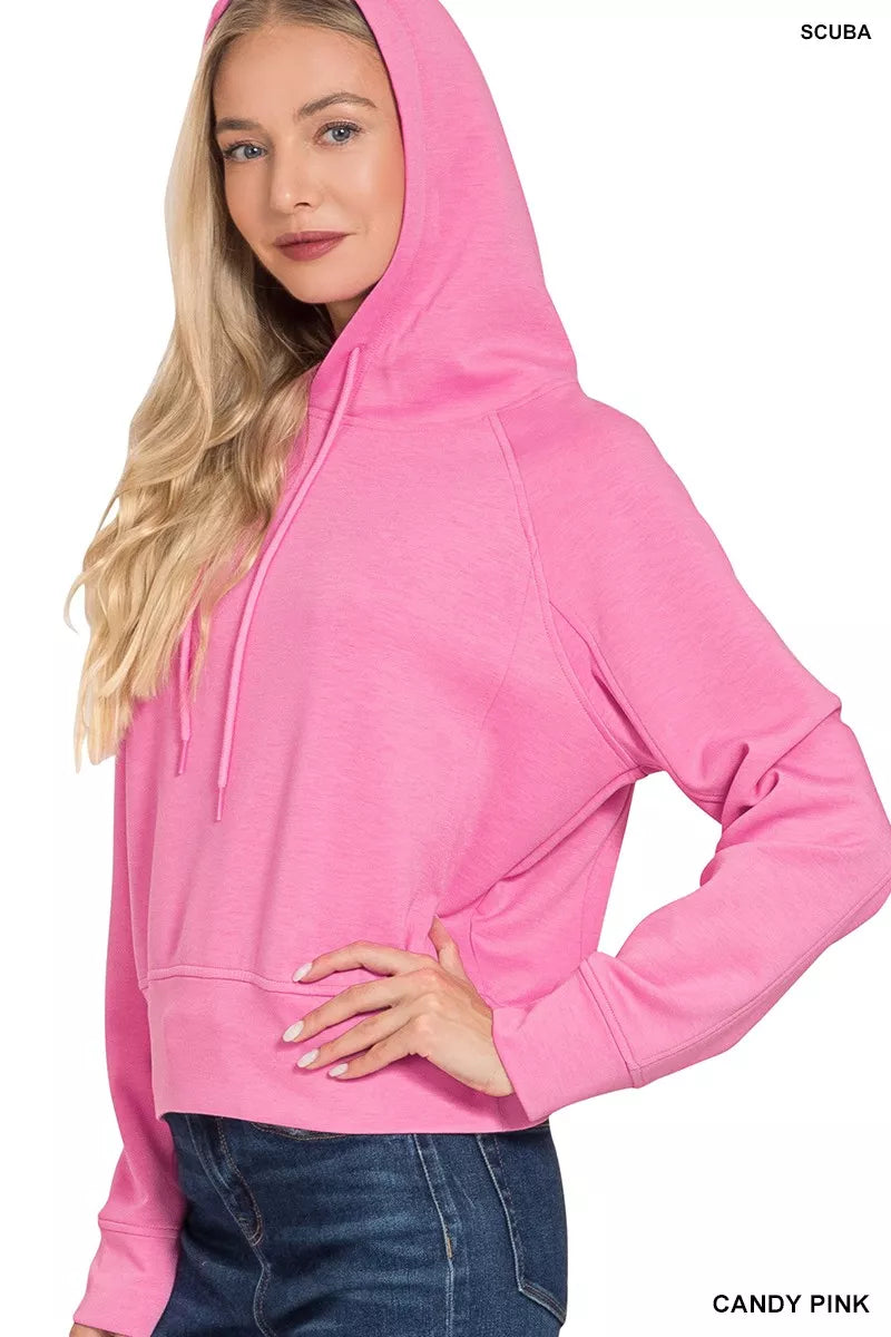 Scuba knit drawstring pullover hoodie with ribbed hem