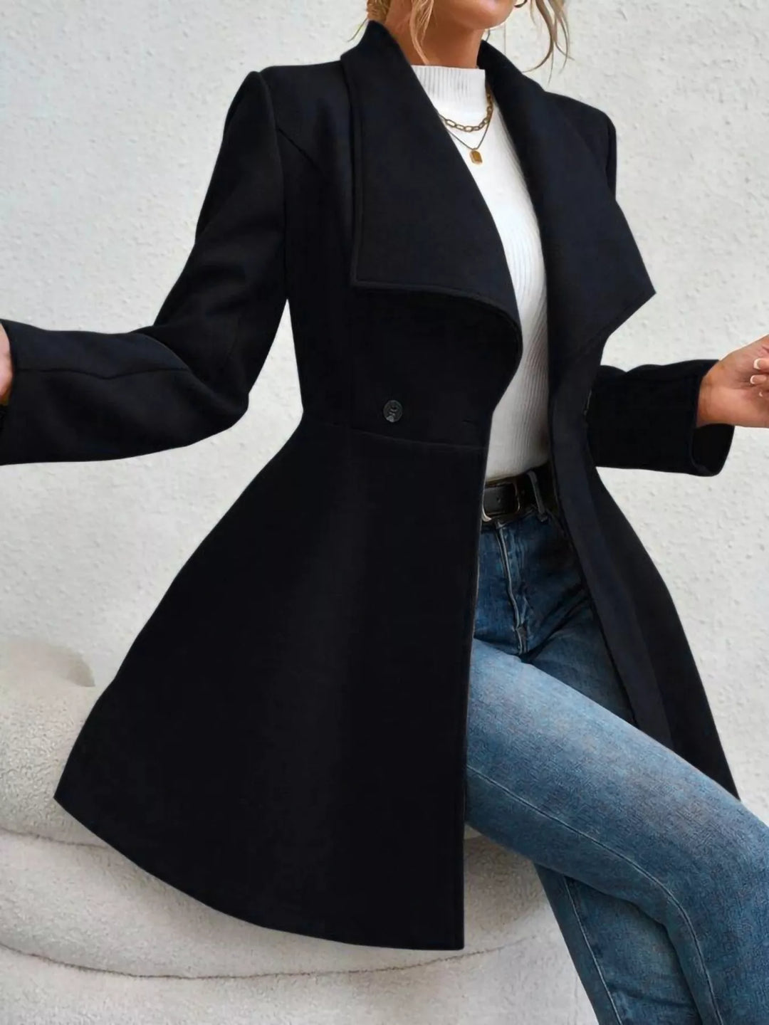 Wide lapel double-breasted flared coat with button tabs