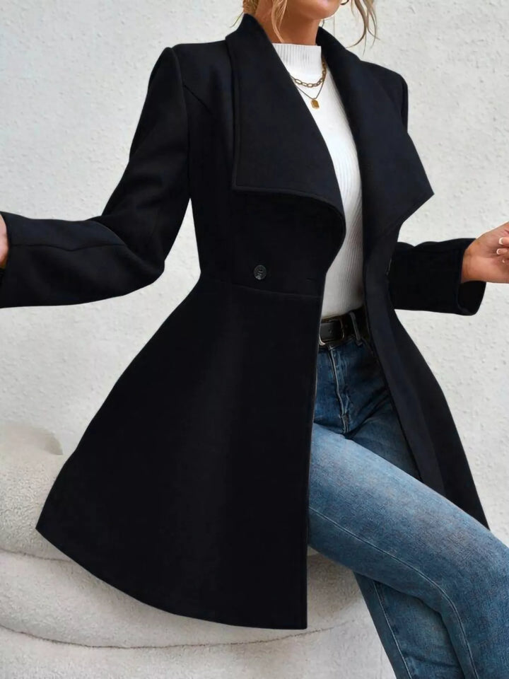 Wide lapel double-breasted flared coat with button tabs