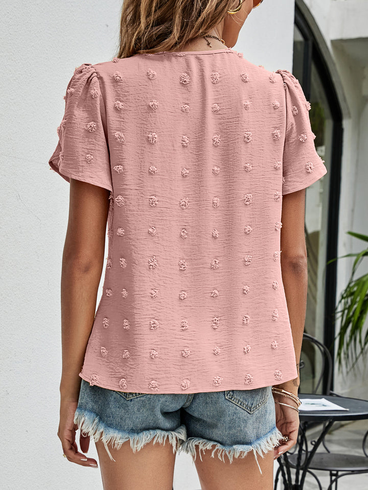 Swiss dot petal sleeve top with pleated round neck
