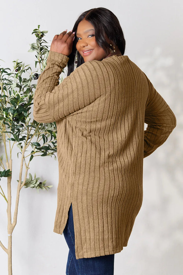 Ribbed knit long sleeve tunic top with side slits