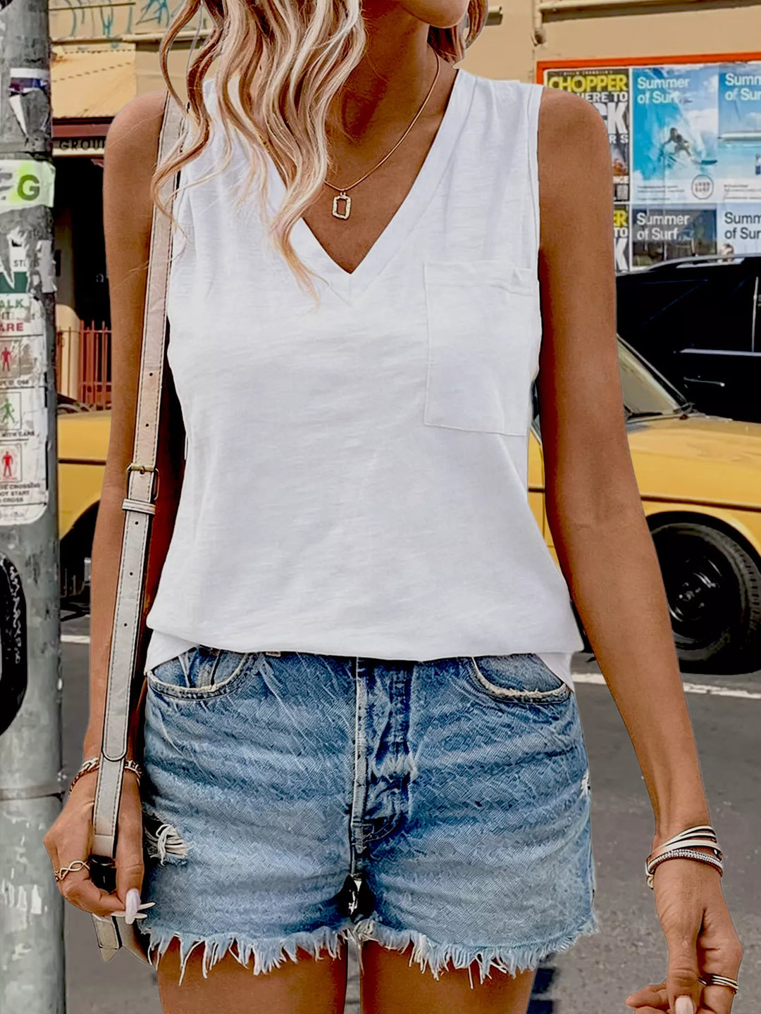 V-neck tank top with chest patch pocket