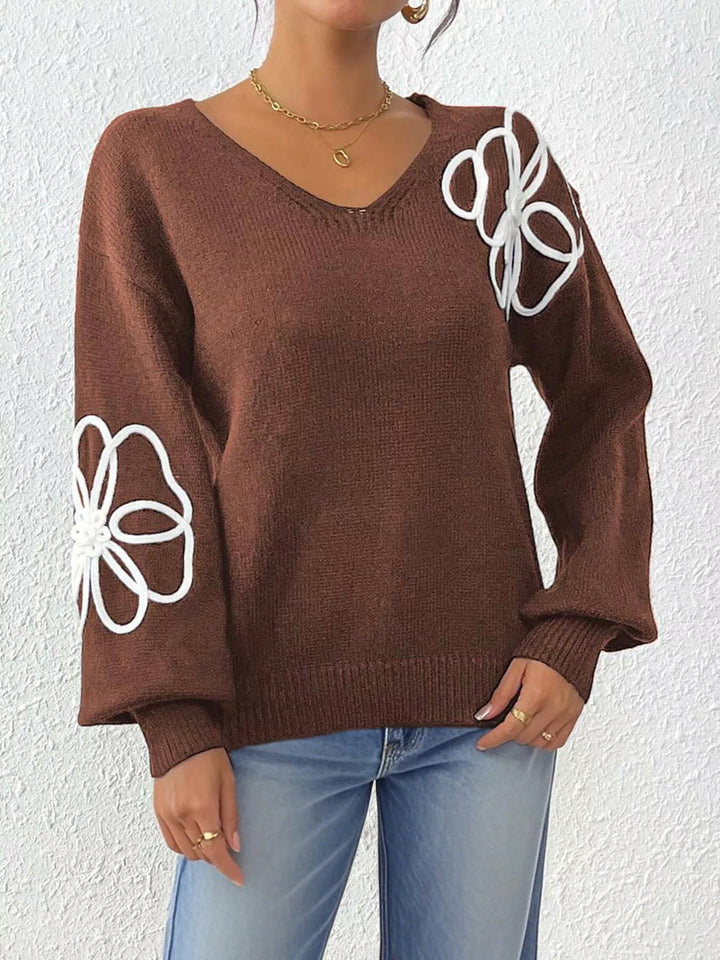 Floral applique V-neck drop shoulder knit sweater