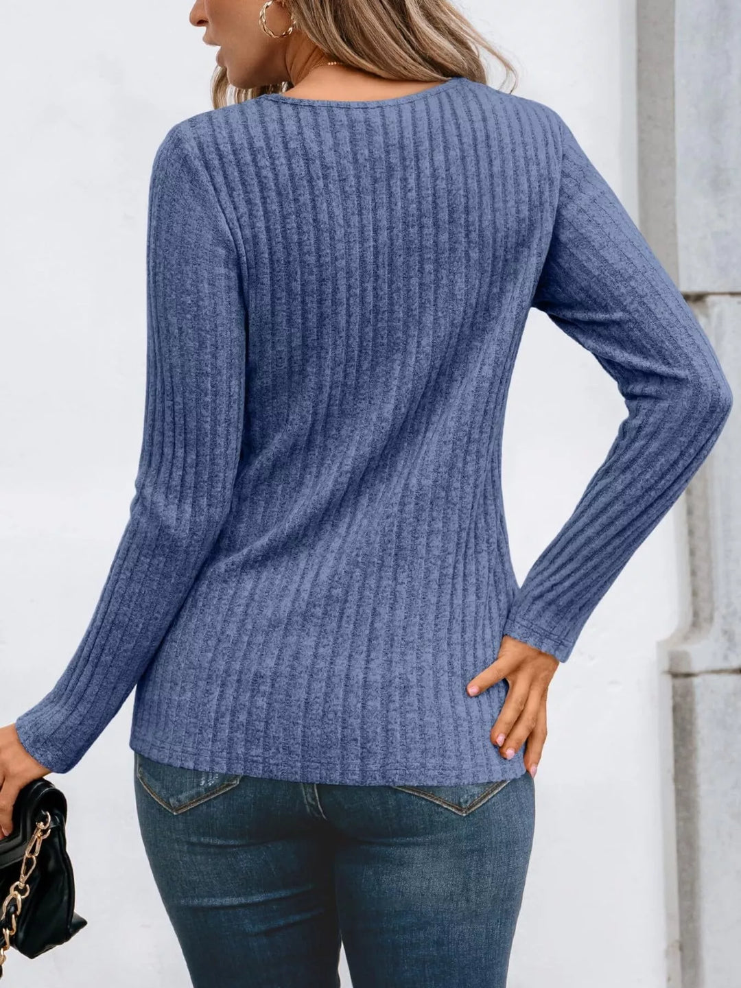 Ribbed knit long sleeve top with lace yoke