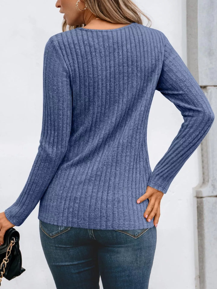 Ribbed knit long sleeve top with lace yoke