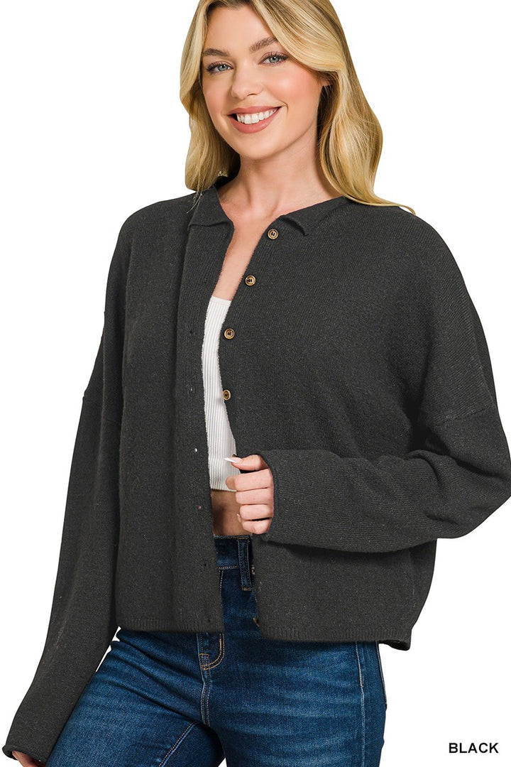 Collared button-down knit cardigan with drop shoulders
