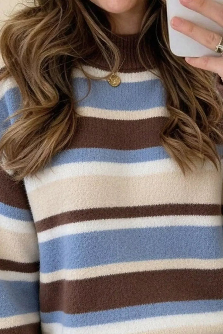 Striped drop shoulder mock neck pullover sweater
