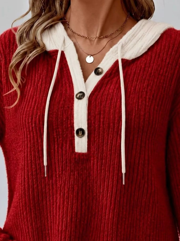 Ribbed knit drawstring hoodie with button henley placket