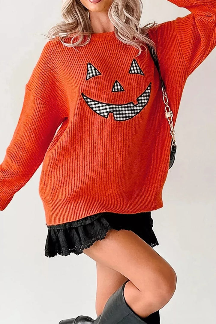 Jack-o-lantern patch drop shoulder Halloween sweater