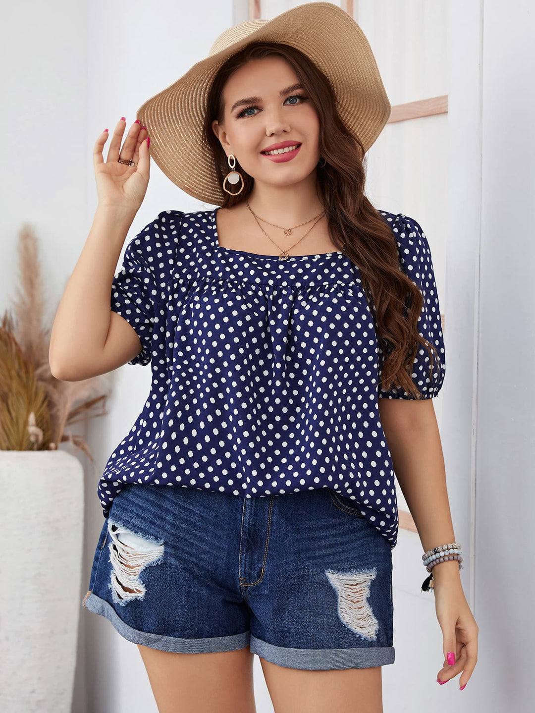 Dark Blue Polka dot square neck blouse with puff sleeves