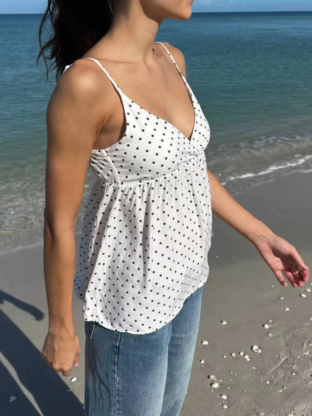 Polka dot v-neck babydoll cami with twist front