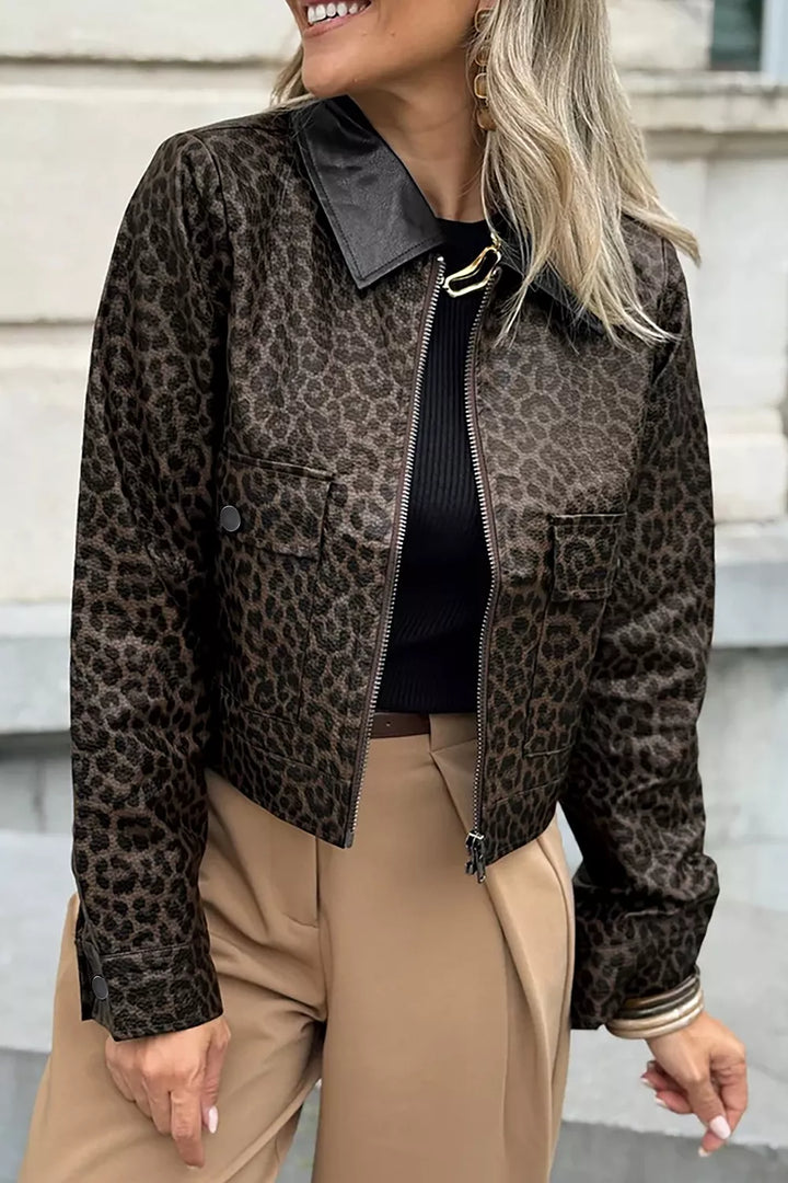 Leopard print cropped faux leather jacket with flap pockets