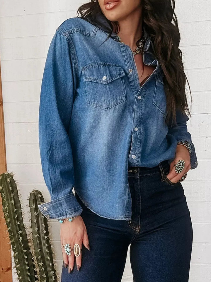 Washed western denim shirt with pearl snap buttons