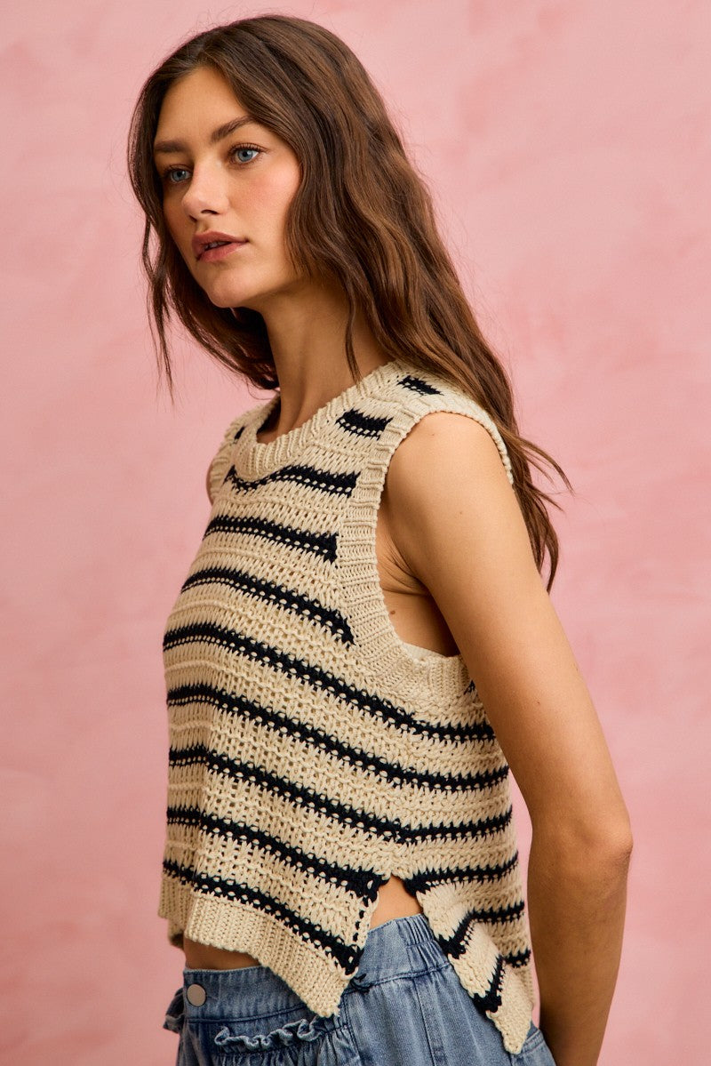 Striped low-gauge knit sleeveless sweater top