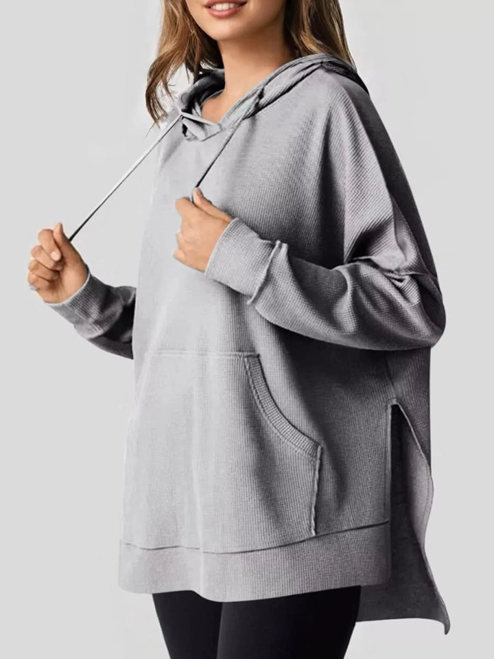 Gray Oversized waffle-knit hoodie with side slits and front pocket