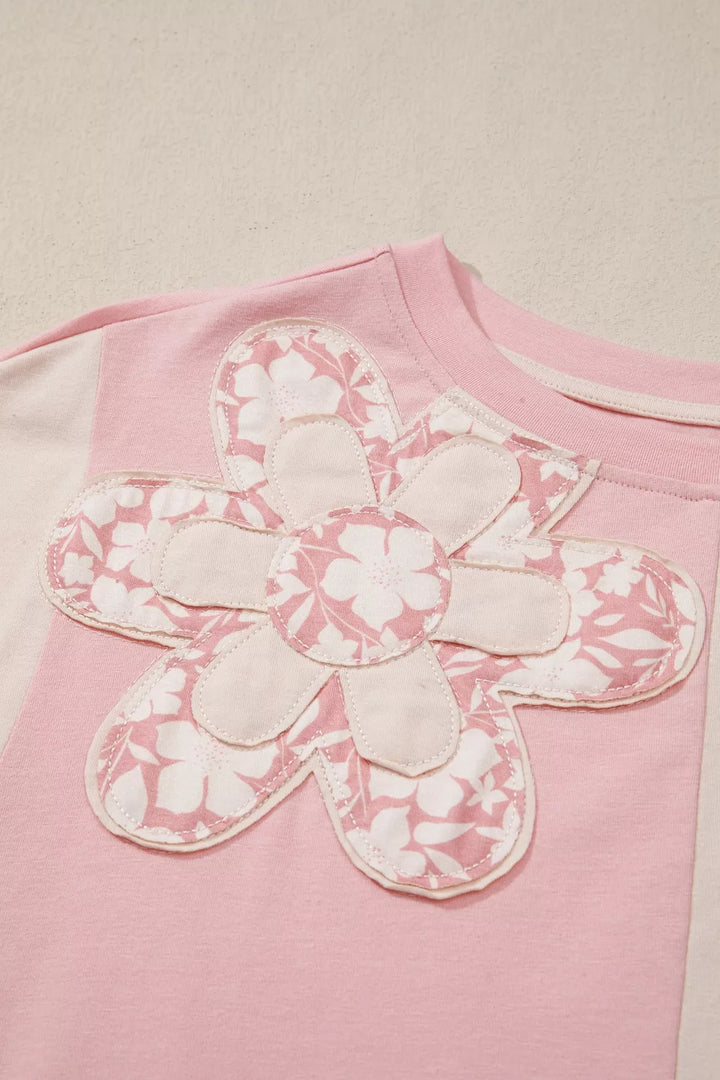 Color block tee with floral appliqué patches