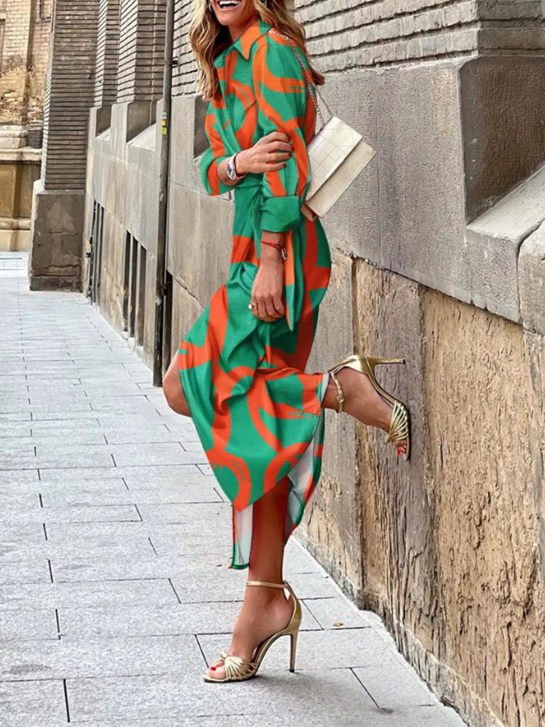 Abstract print collared shirt dress with tie waist