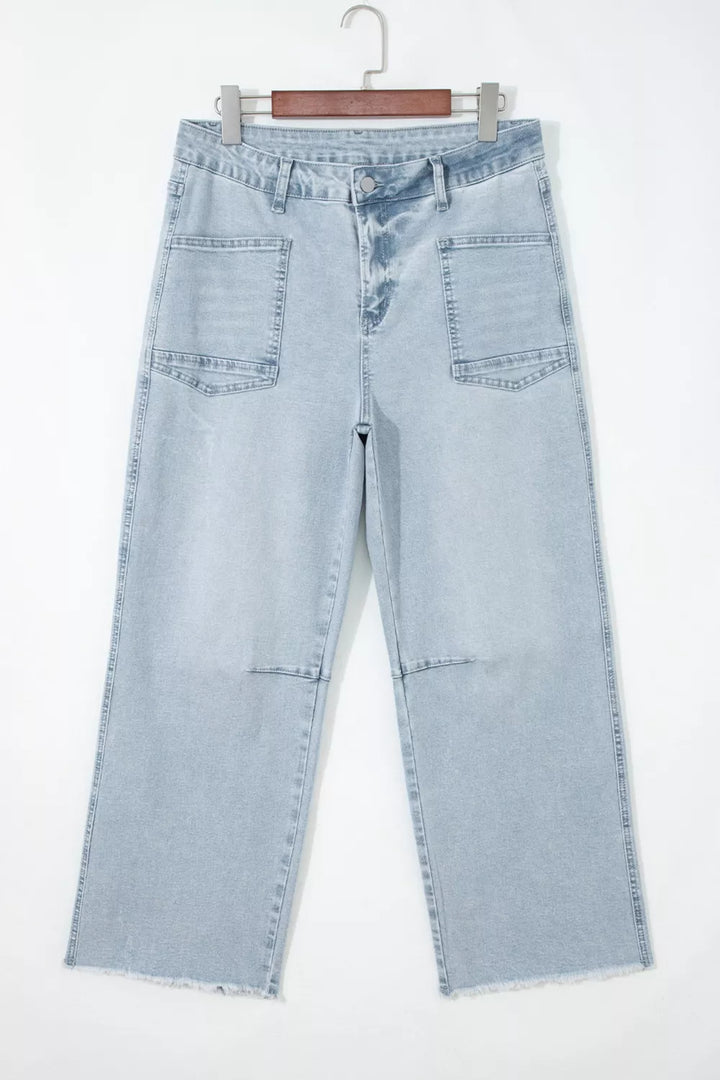 Utility pocket straight leg jeans with raw hem