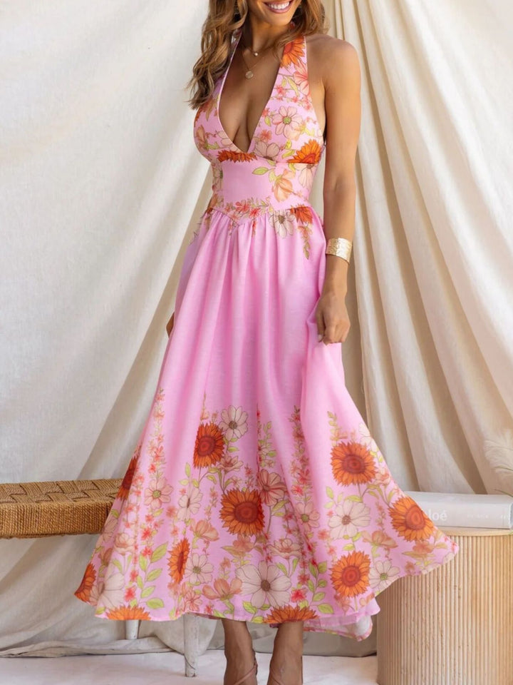 Sunflower print halter maxi dress with plunge neckline