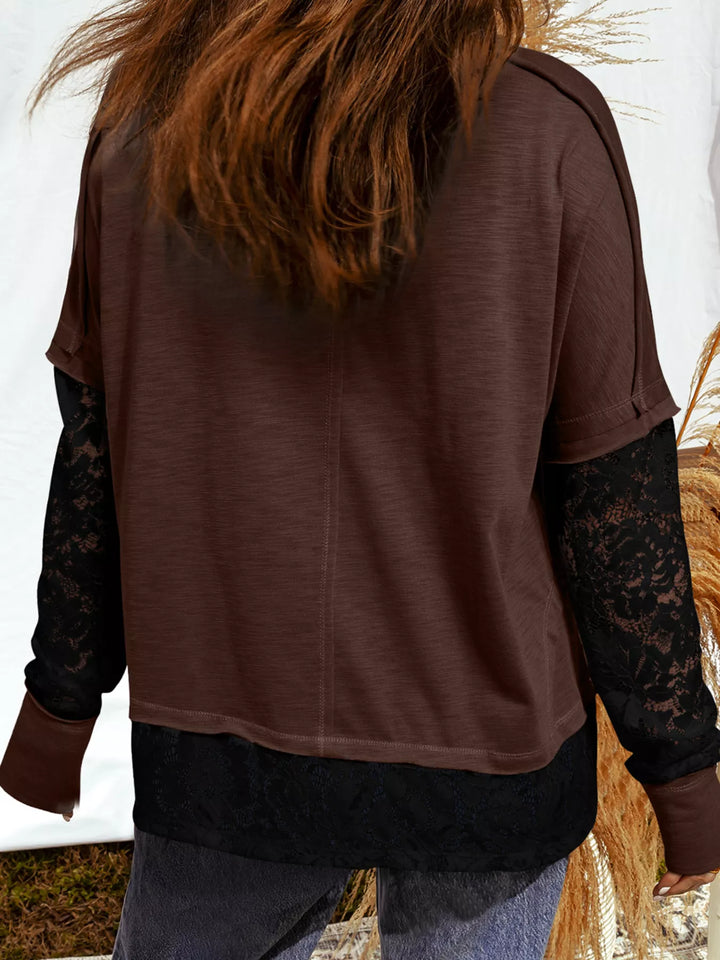 Spooky sequin graphic tee with lace patchwork long sleeves