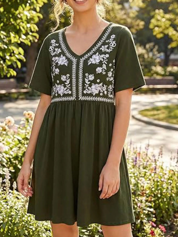 Floral embroidered v-neck babydoll mini dress