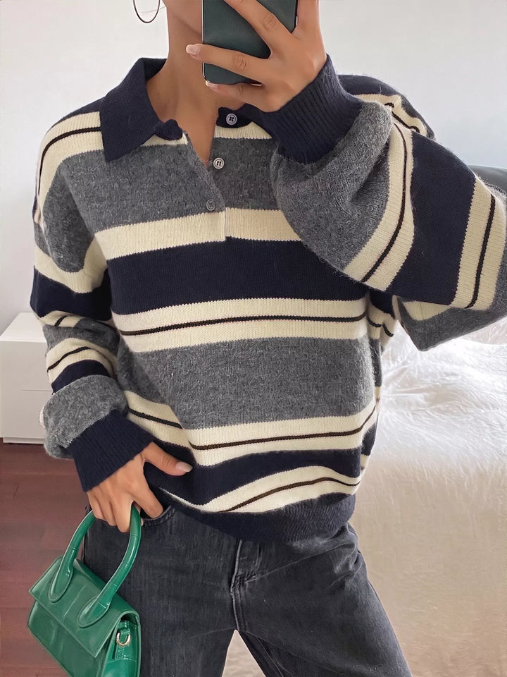 Striped polo collar sweater with button placket