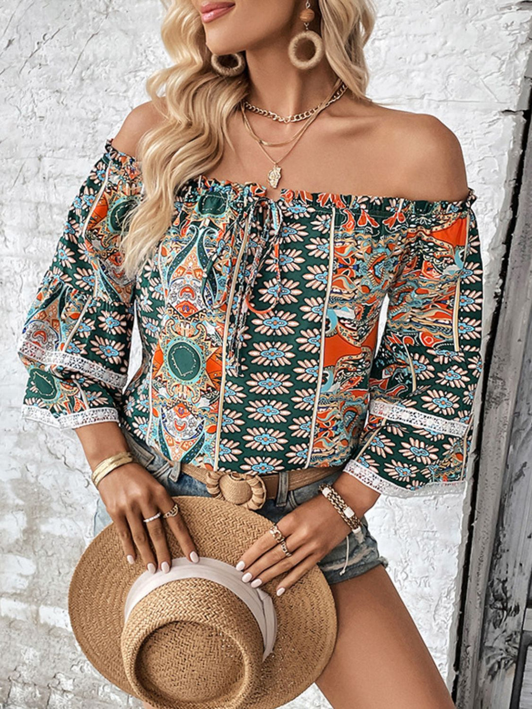 Multicolor Boho print off-shoulder blouse with frill trim and flutter sleeves