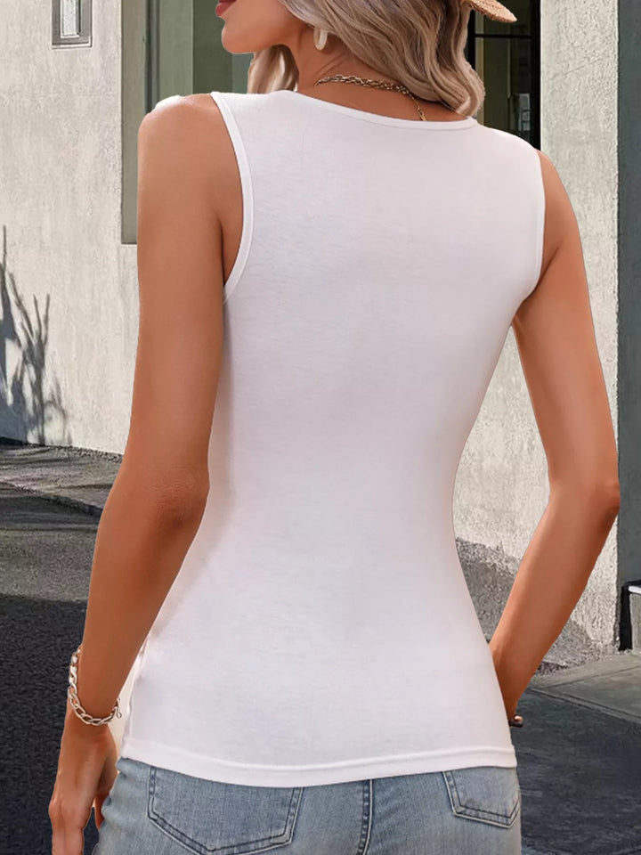 Surplice V-neck ruched tank top with button detail