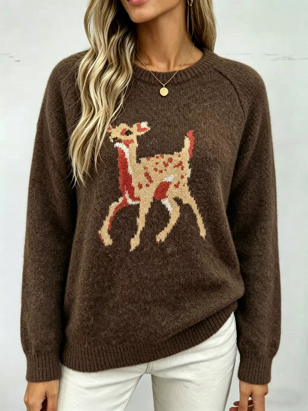Deer knit raglan sleeve pullover sweater with ribbed trim