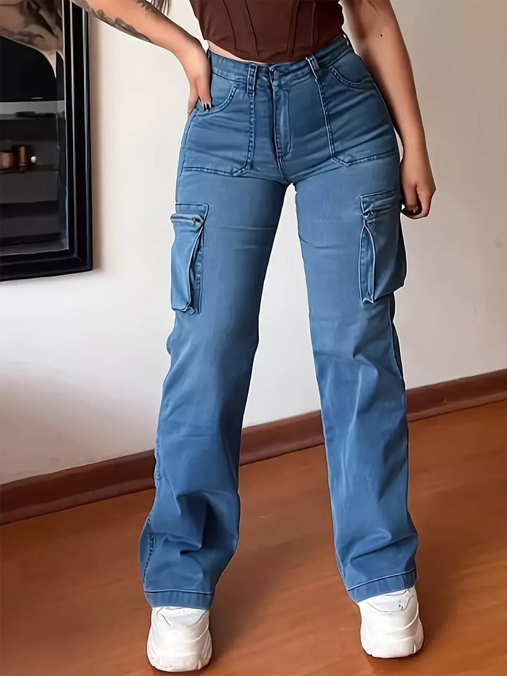 High-rise straight-leg cargo jeans with flap pockets