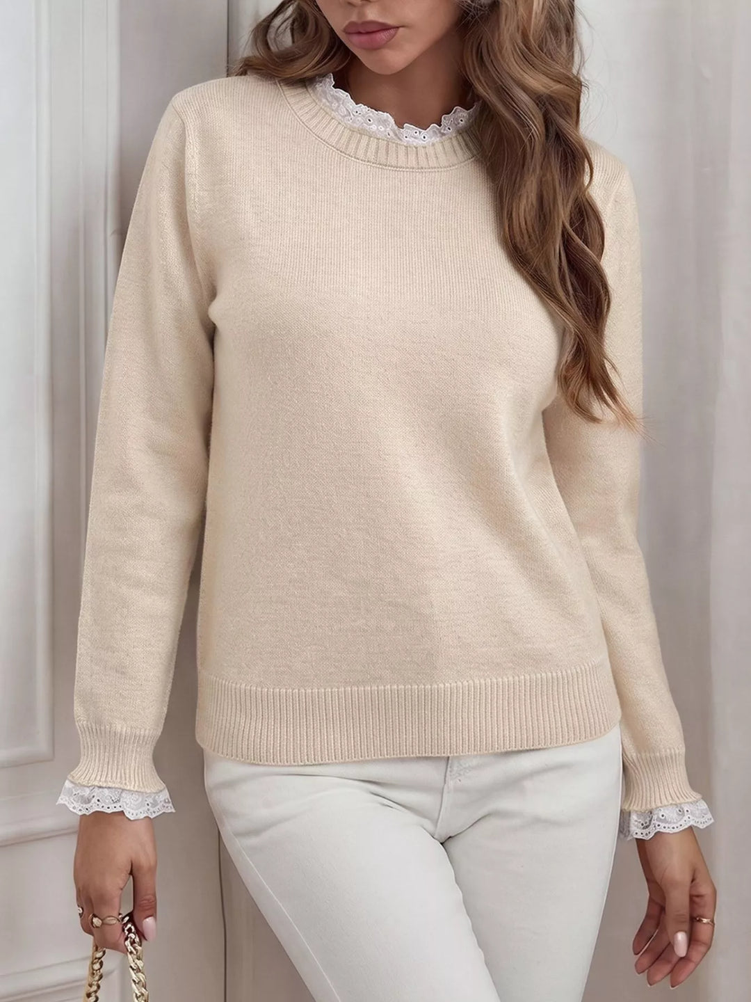 Lace trim crew neck knit sweater with ribbed cuffs