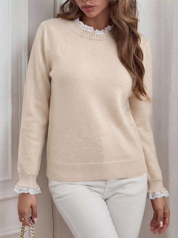 Lace trim crew neck knit sweater with ribbed cuffs