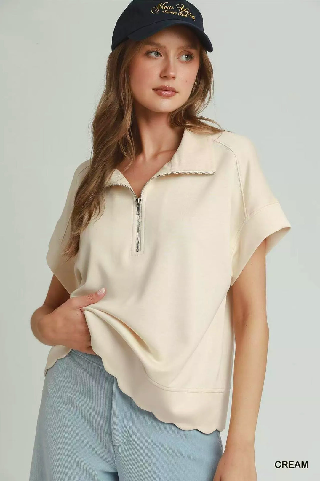 CREAM Scalloped hem half-zip short sleeve knit pullover