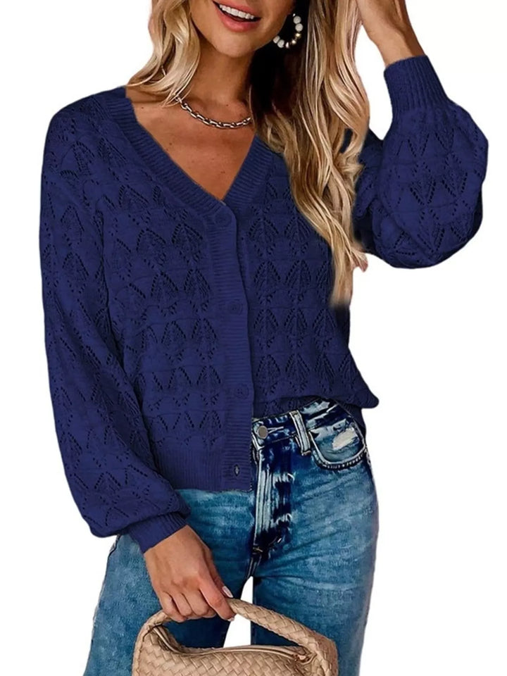 Navy Pointelle openwork V-neck button-down knit cardigan
