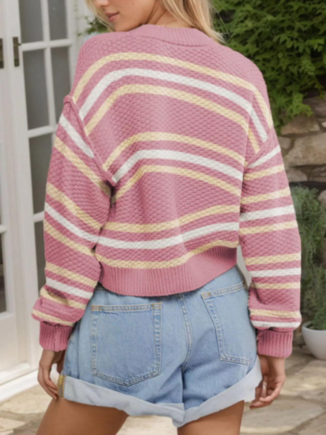 Striped textured knit cropped button-down cardigan