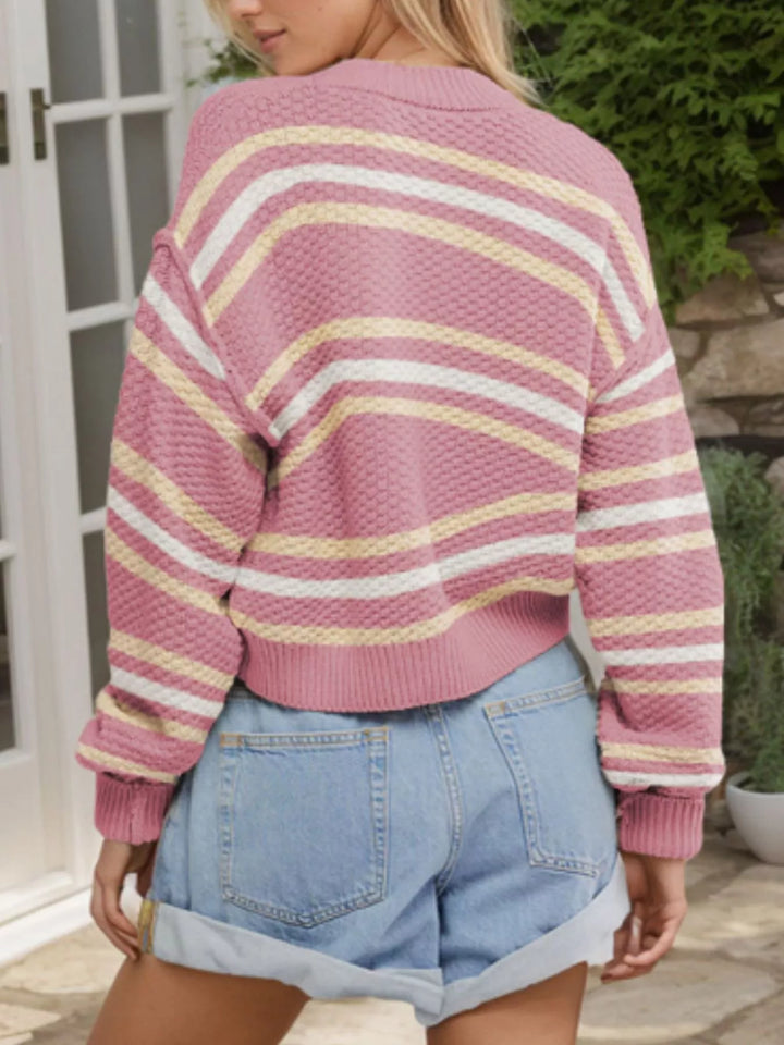 Striped textured knit cropped button-down cardigan