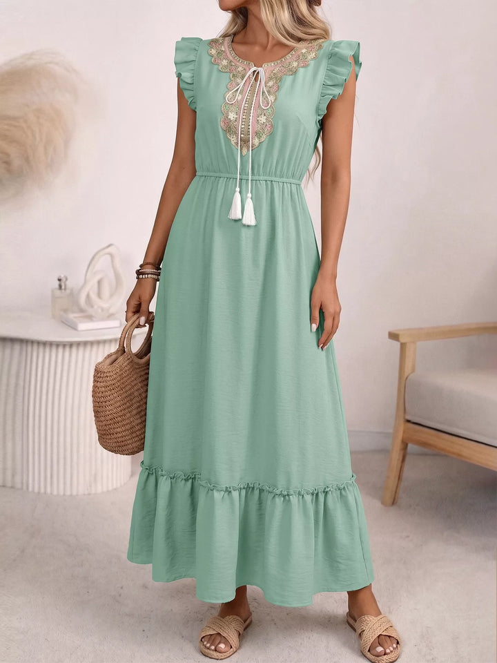 Green Embroidered tie-neck flutter sleeve maxi dress