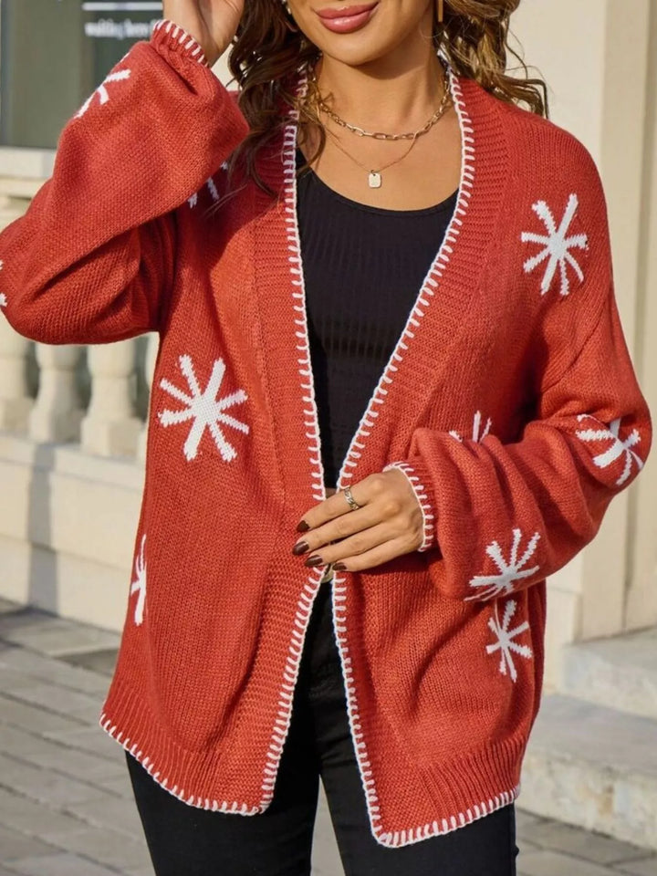 Floral open front knit cardigan with whipstitch trim