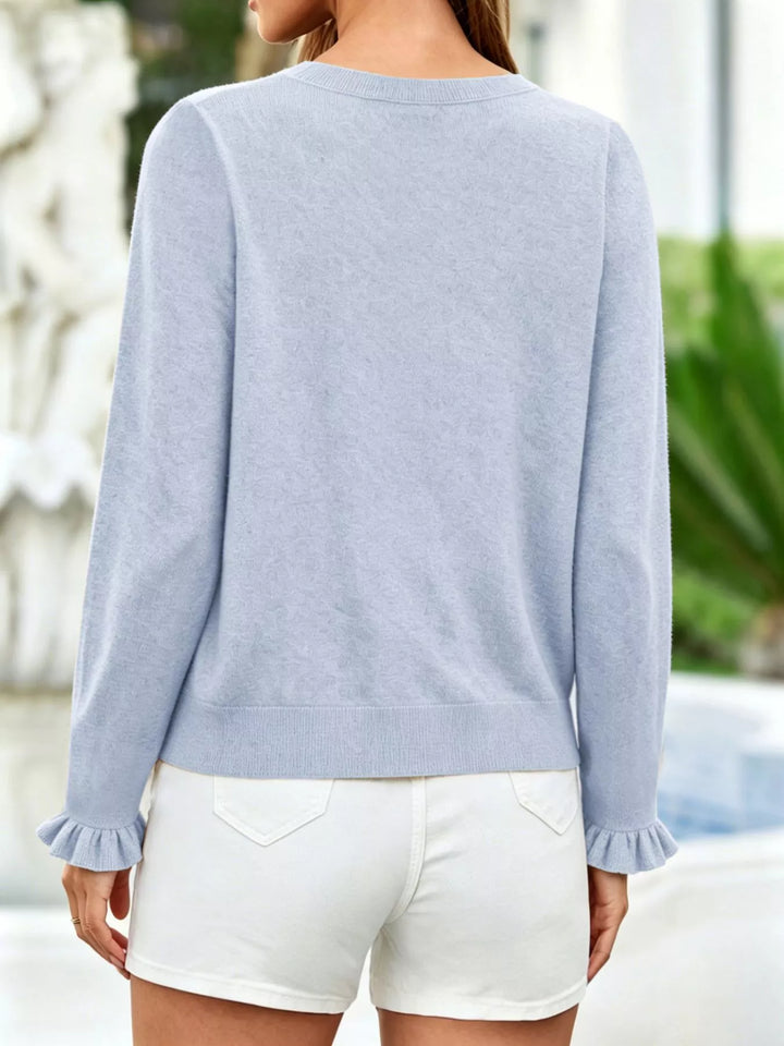 Ruffle placket button-front knit cardigan with ruffle cuffs