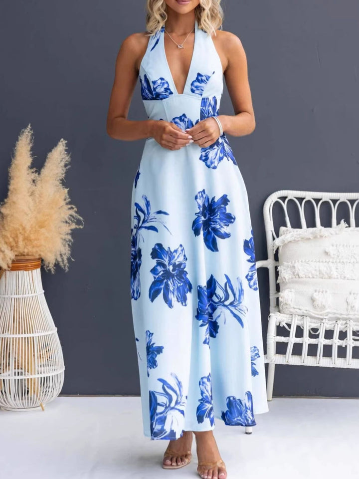 Blue Floral print halter maxi dress with lace-up back