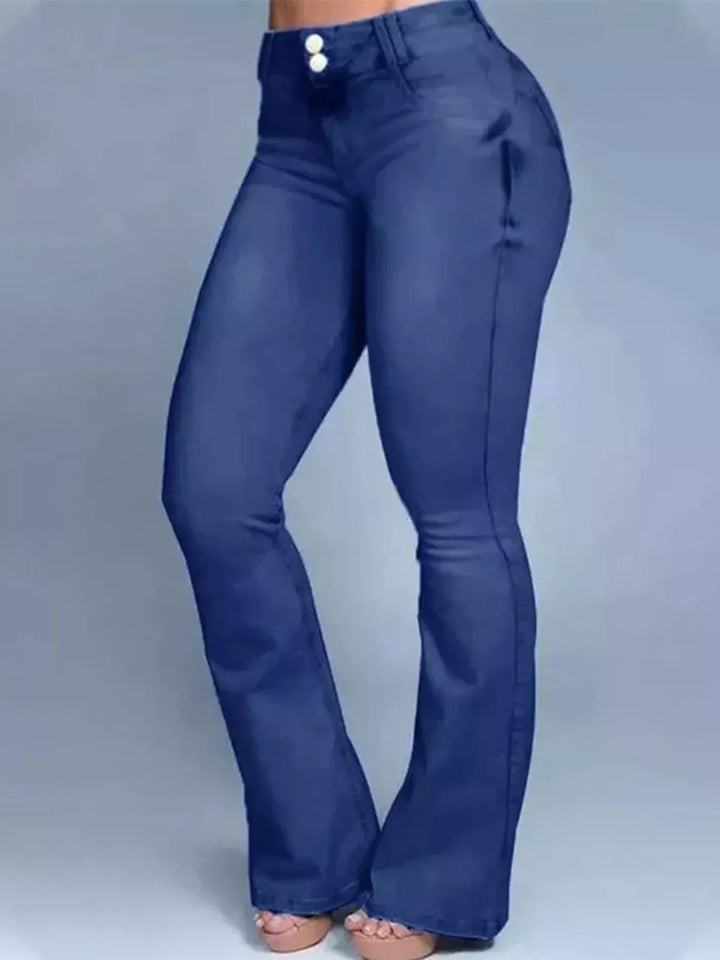 Navy Blue High-rise stretch flare jeans with double-button waist