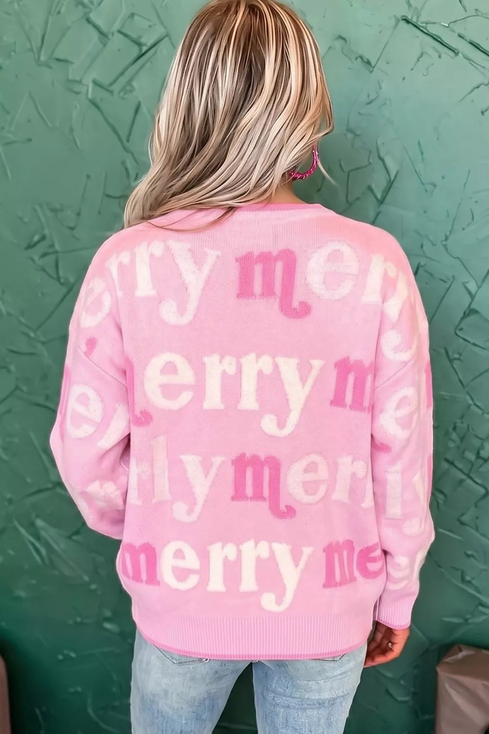 Merry letter print crew neck knit holiday sweater