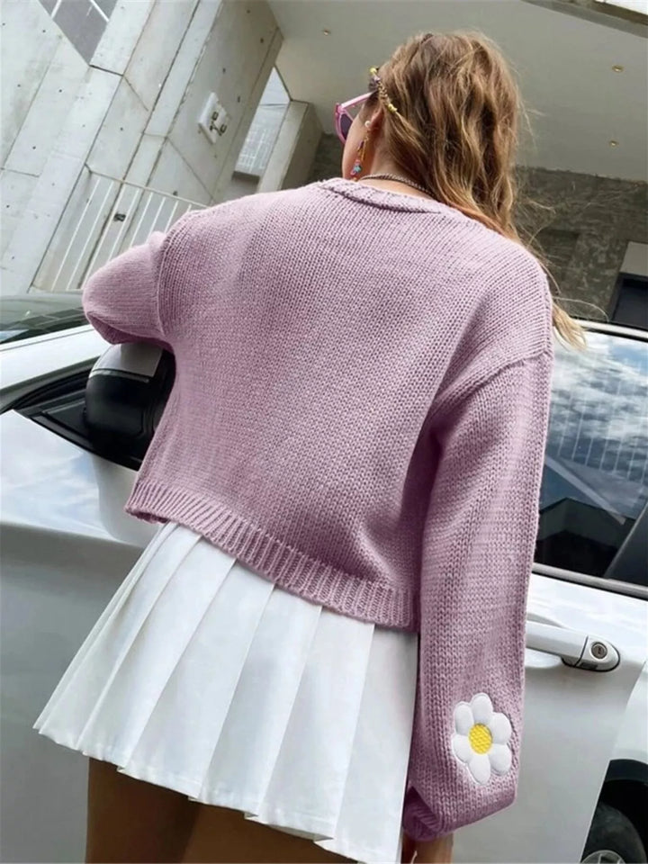Daisy appliqué open front chunky knit cardigan