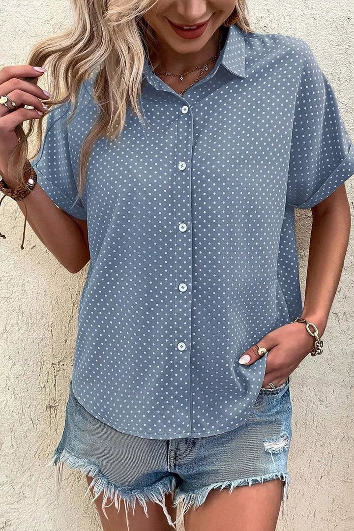 Polka dot button-down shirt with cuffed short sleeves