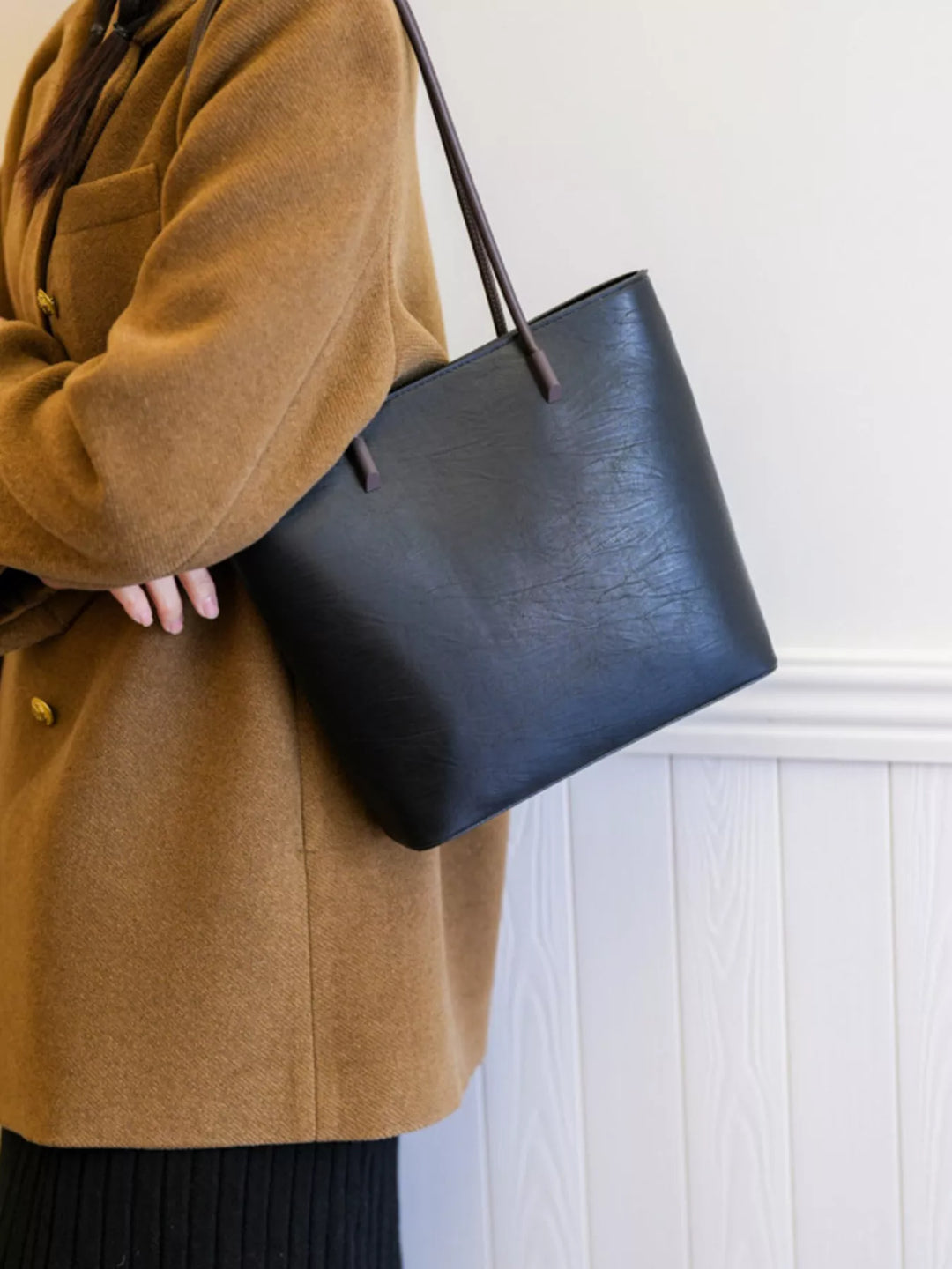 Faux leather shoulder tote bag with slim contrast straps
