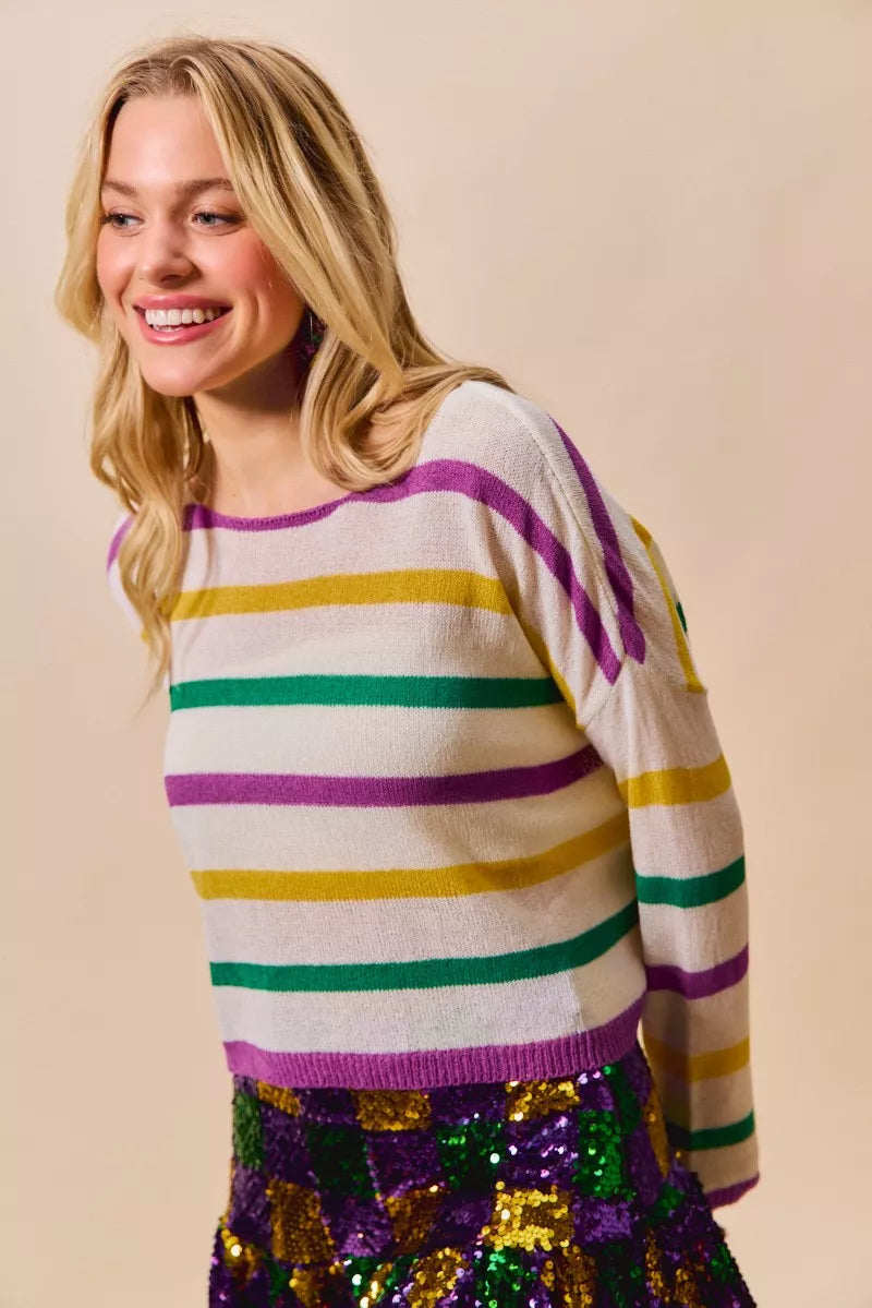Color stripe lightweight knit sweater with boat neck